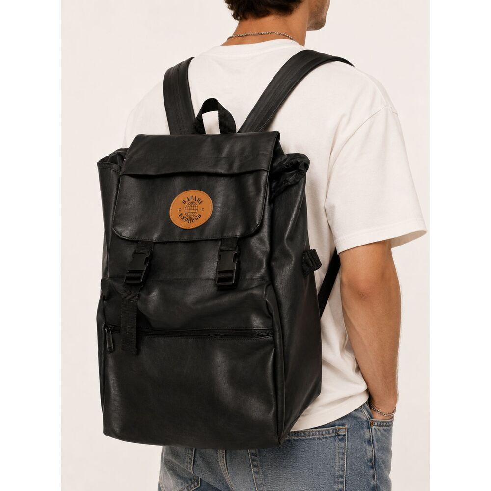 Vintage Safari Express Black Faux Leather Roll Top Backpack NWT Y2K Travel Bag
